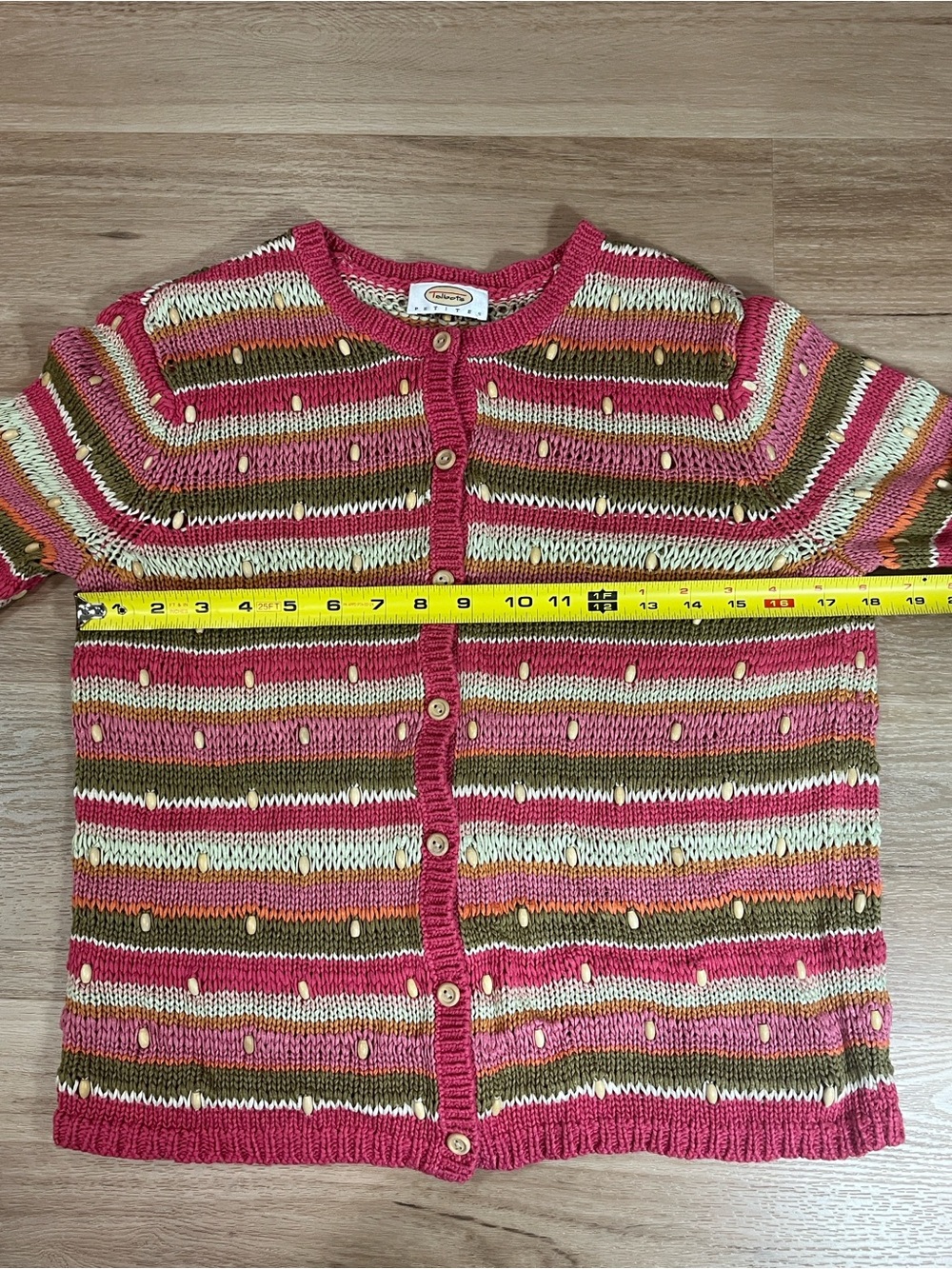 Vintage Talbots 90s Petite Striped Textured Cardigan Sweater Wood Beads PS to PM